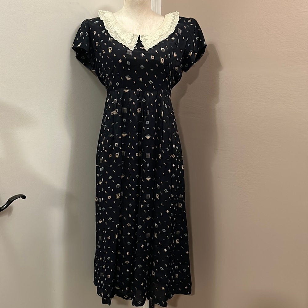Vintage academia lace collar belted floral A- Line dress Pleated waist